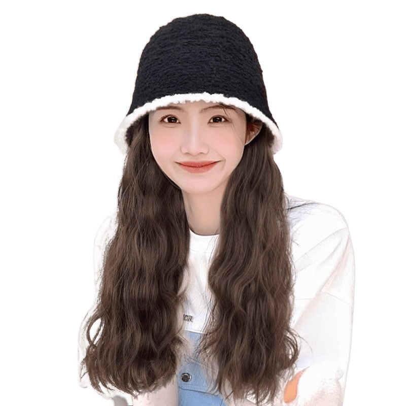 新しい帽子とウィッグが一体化したファッショナブルな長い巻き毛の厚みのある秋と冬の漁師の帽子水の波紋ウールの巻き毛のウィッグ帽子|undefined