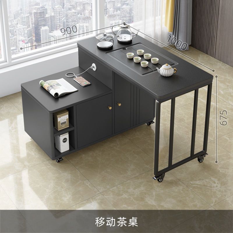 Mesa de té móvil mesa de té de doble propósito oficina multifuncional coche de té doméstico con ruedas mesa de oficina de piedra negra simple