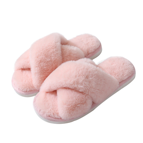  cross-border autumn and winter new style imitation rabbit fur women's cross-strap home cotton slippers thick-soled warm indoor slippers