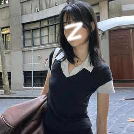 现货！莫代尔！【专供天猫抖音】韩版学院POLO领拼接假两件短袖T