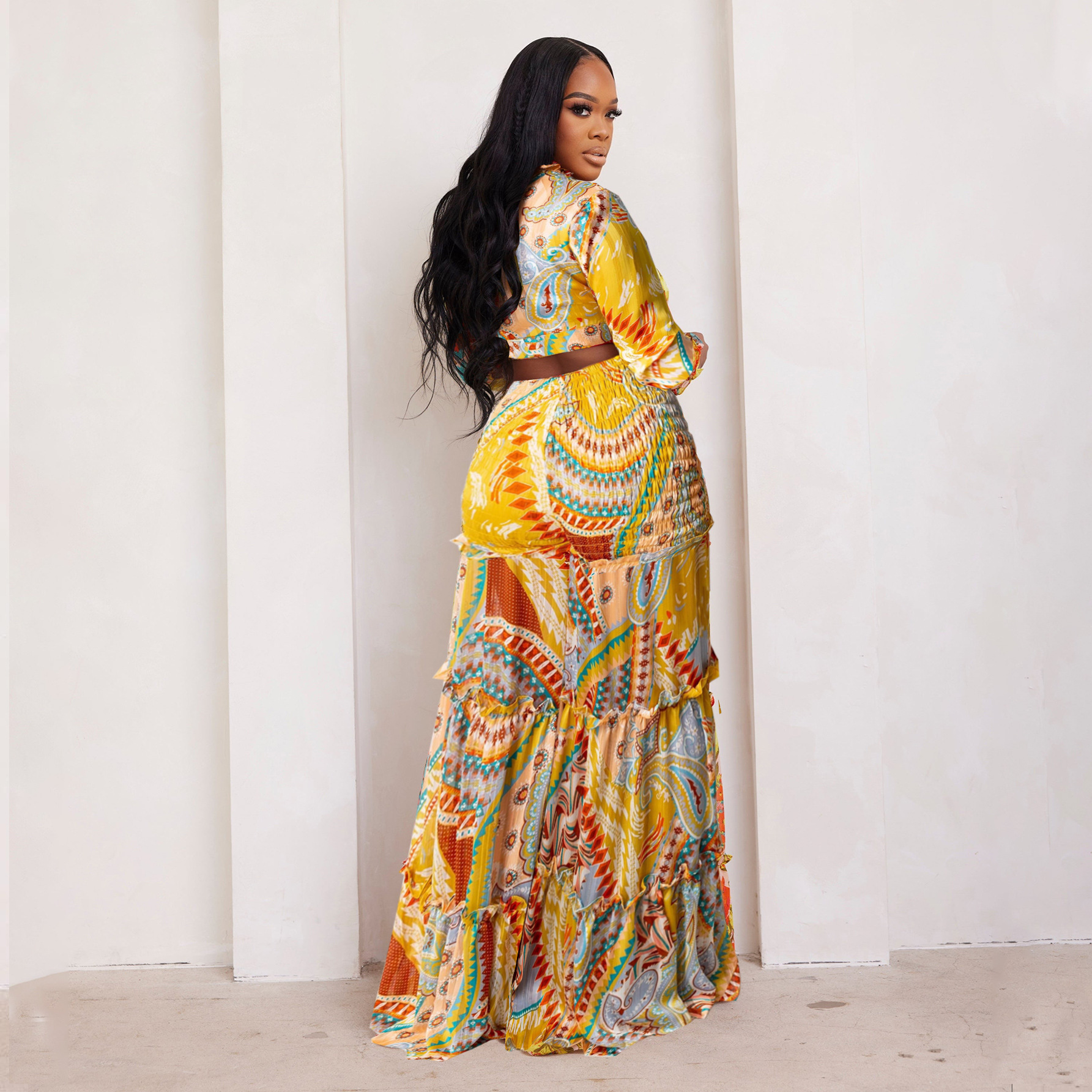 Women's Clothing fashion contrast color printed chiffon long sleeved lace up flared pants two piece suit _voghion.com