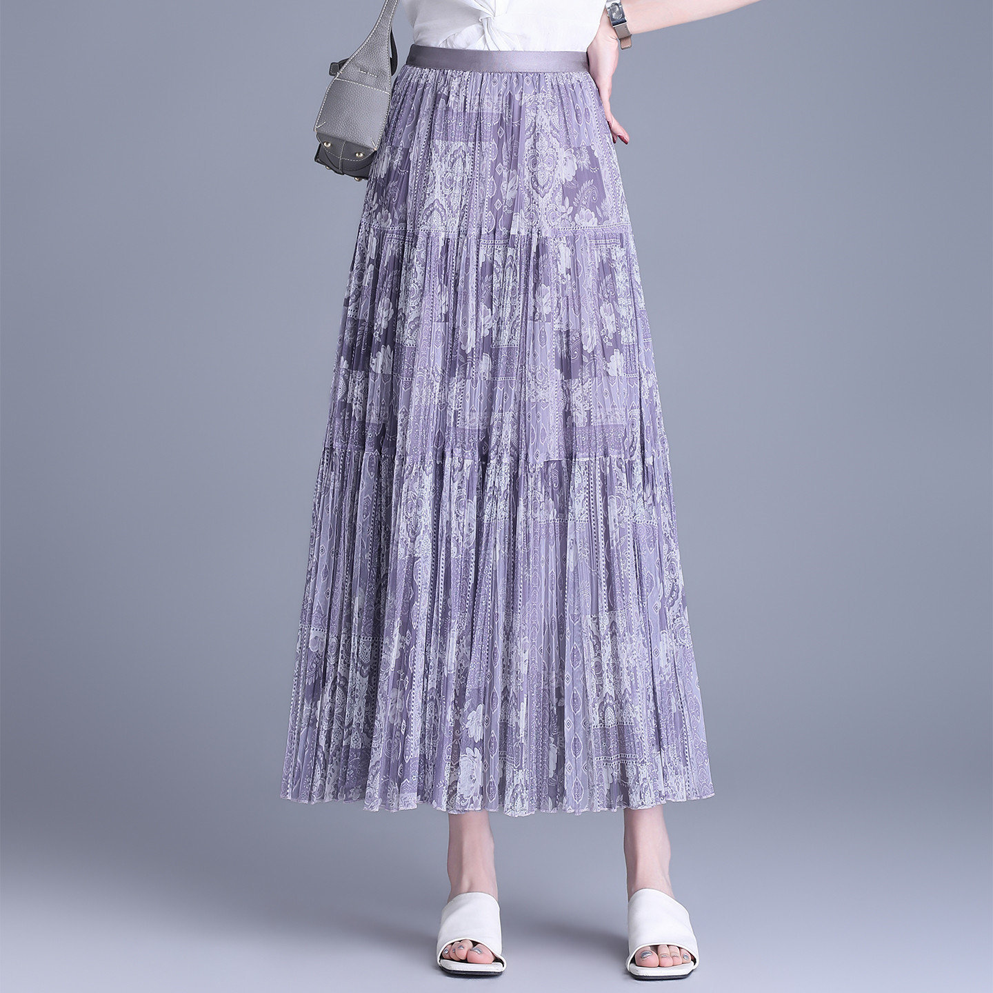 2026 Spring/Summer New Floral Print Mesh Midi Skirt for Women, Loose Fit, Artistic & Fresh Style, Elastic Waist, A-line Skirt