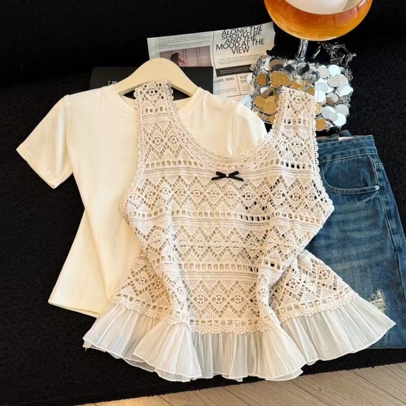 French-Style Patchwork Lace Knit Camisole for Women, Summer Outerwear with a Unique Design, Sweet and Stylish Sleeveless Top French-Style Patchwork Lace Knit Camisole for Women, Summer Outerwear with a Unique Design, Sweet and Stylish Sleeveless Top