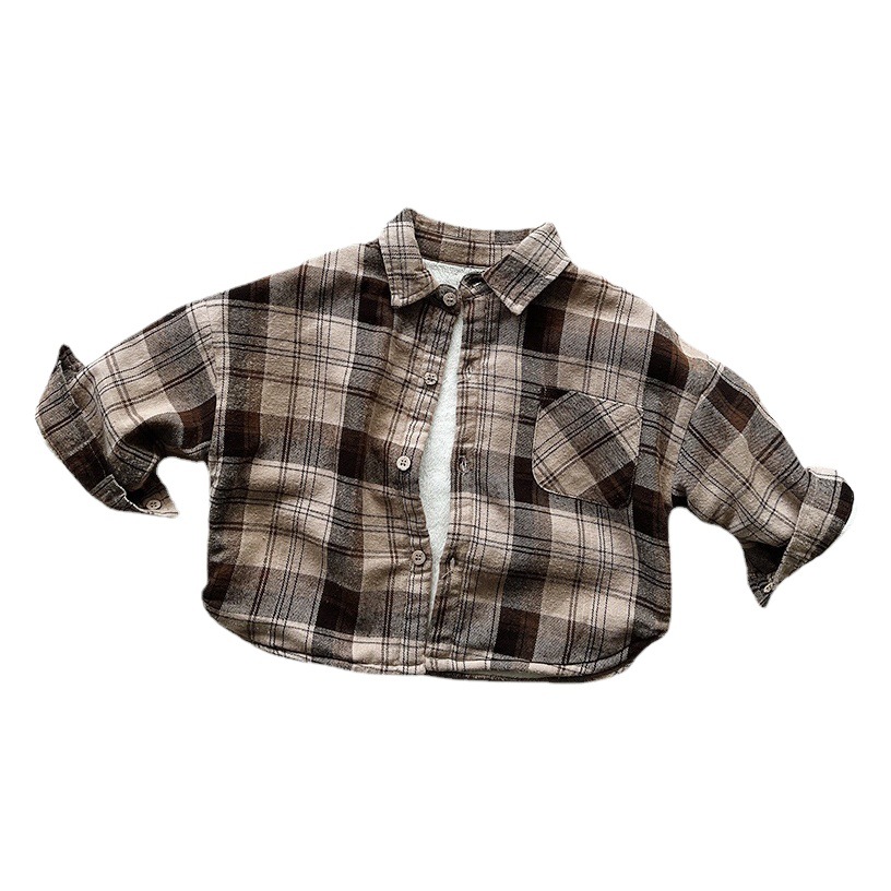 Internet estilo de celebridad ~ los niños camisa de tela escocesa forrado 2023 invierno nuevos niños y niñas estilo coreano retro camisa a cuadros
