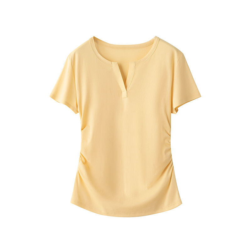 女性用右肩ハーフオープンカラースリムウエストTシャツ25夏新作不規則プリーツウエストデザインベーシックインナートップ|undefined