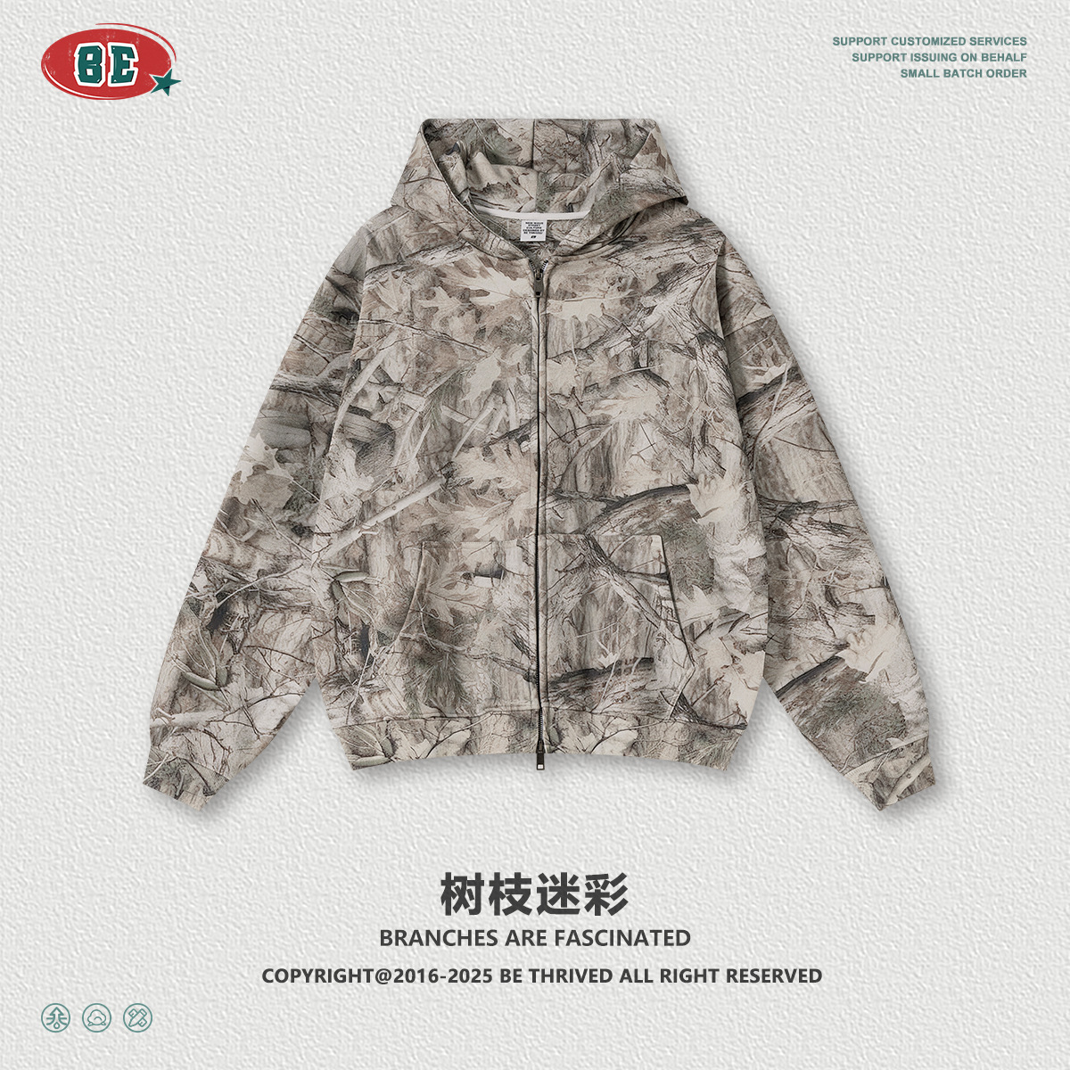 BE ropa de hombre de invierno 2025 marca de moda americana camuflaje con camisa encapuchada de terciopelo, chaqueta, pantalones cortos, set para hombre