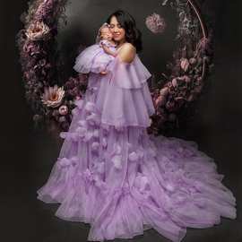 优雅立体花裙亲子装母女拍照礼服写真小众全家福立体花瓣小托尾礼