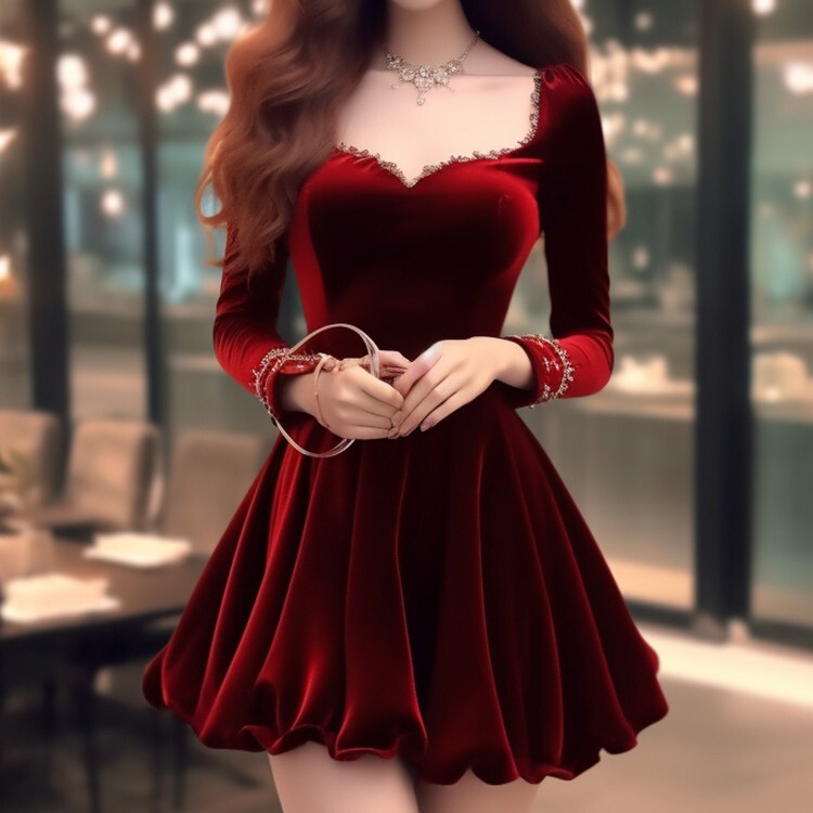 New Year's Shirt, High-End, Unique and Super Good-Looking Red Velvet Dress for Women, Autumn and Winter Formal Occasion Dress New Year's Shirt, High-End, Unique and Super Good-Looking Red Velvet Dress for Women, Autumn and Winter Formal Occasion Dress