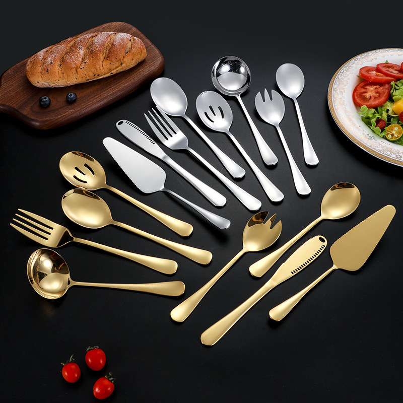 Amazon popular vajilla de acero inoxidable traje público cuchillo, tenedor y cuchara cuchillo de mantequilla pastel de la pala cuchara de servicio Tenedor sopa Shell fugas
