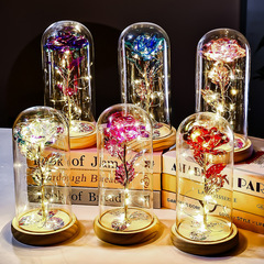 原木底金箔玫瑰花玻璃罩情人节礼物跨境创意礼品实用摆件教师节