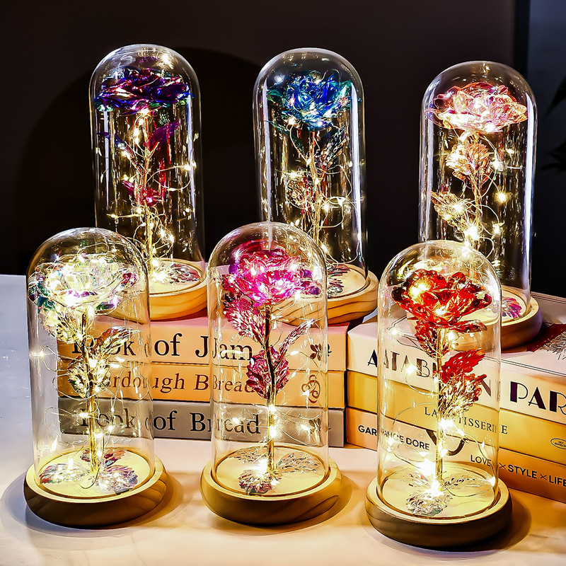 原木底金箔玫瑰花玻璃罩情人节礼物跨境创意礼品实用摆件教师节|undefined