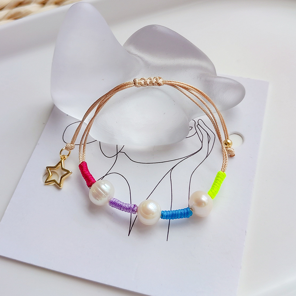 Color Block Pattern Vacation Color Block Freshwater Pearl Beaded Knitting Bracelets