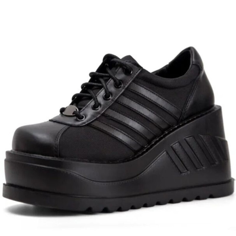 Dark gothic punk style lace-up platform shoes with thick soles, wide toe box, striped subculture design, breathable leather shoes