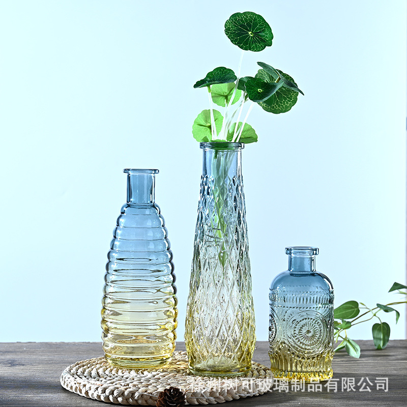 小清新复古浮雕透明玻璃花瓶小号五件套彩色水培鲜花瓶客厅摆件
