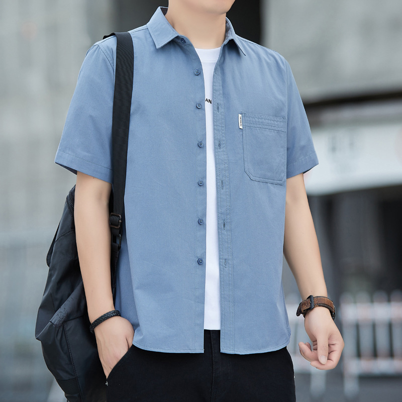 Pure Cotton Short-Sleeved Shirt Men's Summer Thin High-End Casual No-Iron Top Pure Color Versatile Shirt Jacket