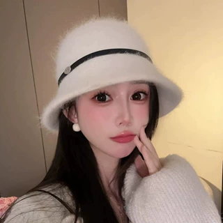 纯色白色兔毛渔夫帽女秋冬显脸小盆帽保暖大头围百搭气质水桶帽子