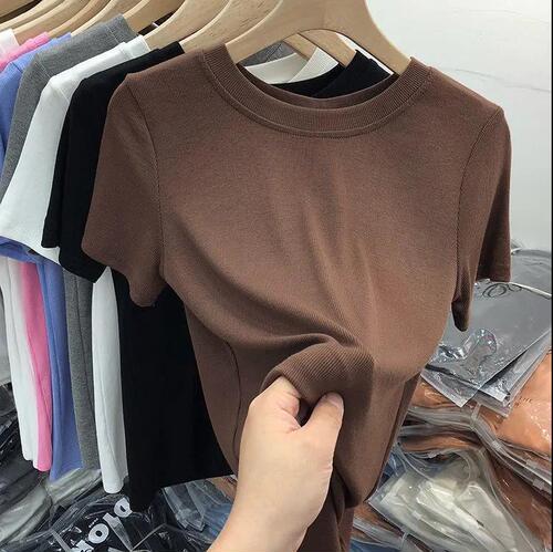 【Multi-color Optional】High-end solid color mask T-shirt for women short-sleeved summer new slim-fitting slim base shirt top