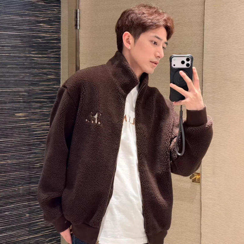 European Station 26 Autumn/Winter New Coffee Color Fleece Teddy Fleece Embroidered Letter Stand Collar Unisex Jacket Cotton Coat