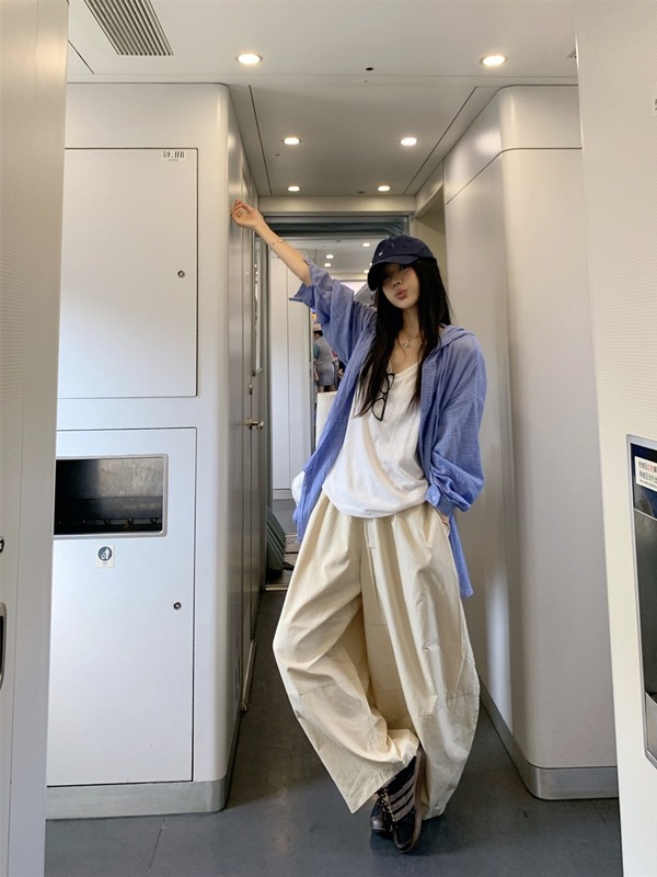 蓝色格子连帽长袖衬衫女夏季防晒外套宽松衬衣设计感休闲开衫上衣|undefined