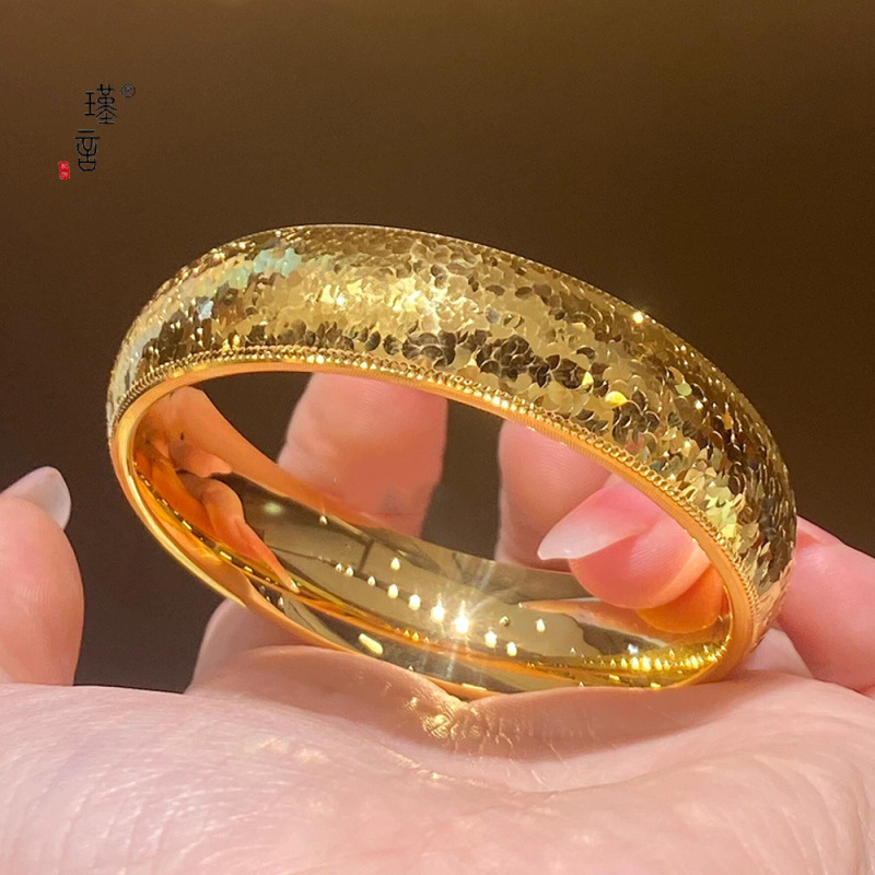 瑾言金店同款24k亮金爆闪宽版碎冰冰手镯时尚轻奢闭口鱼鳞手环女|undefined