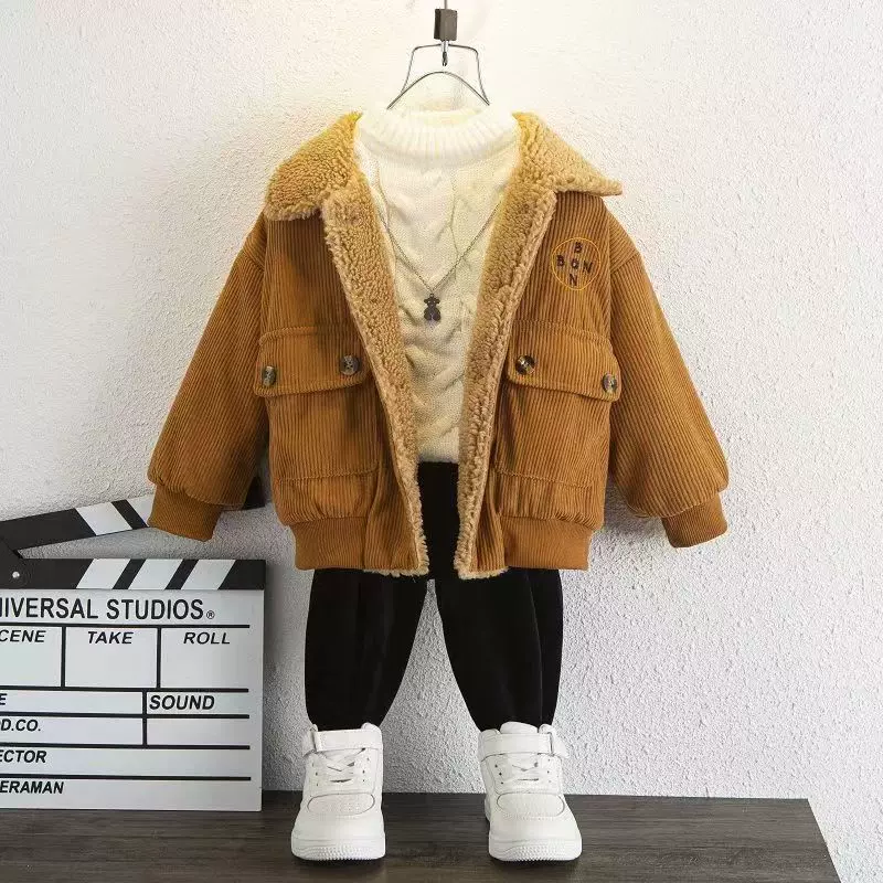 男童灯芯绒外套2024新款洋气潮宝宝加厚夹克冬装加绒上衣儿童棉衣