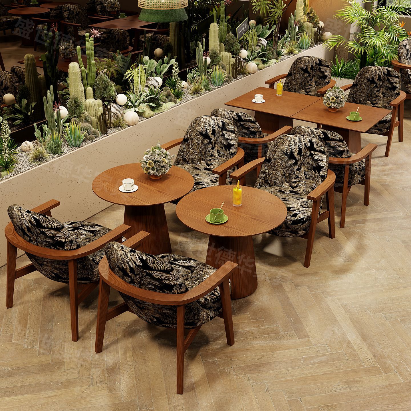 Nanyang-style restaurant sofa booth, milk tea shop chair, vintage cafe tea room solid wood dining table and chair set for commercial use