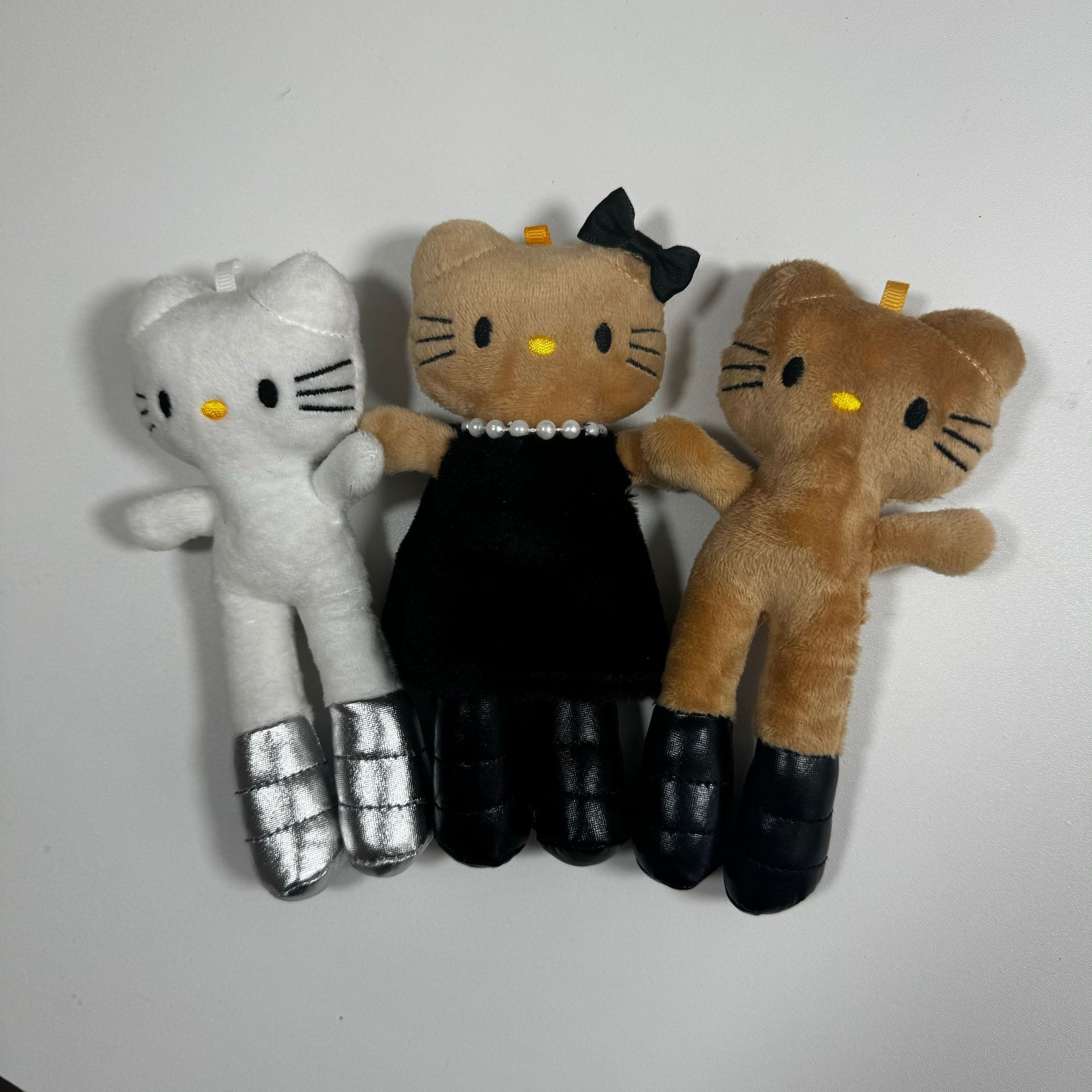 Black Leather Long-Legged Kt Cat Plush Bag Charm Keychain Pendant Small Doll Accessory Wholesale