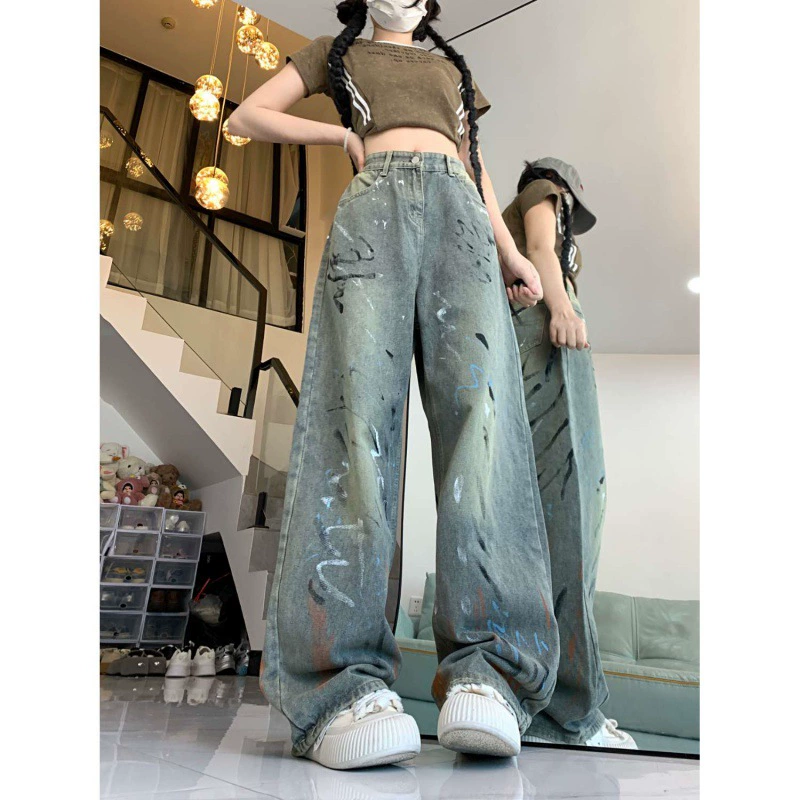 2024-май новые чернила американский ретро стирание широкие джинсы женские нишу с высокой талией тонкие прямые брюки