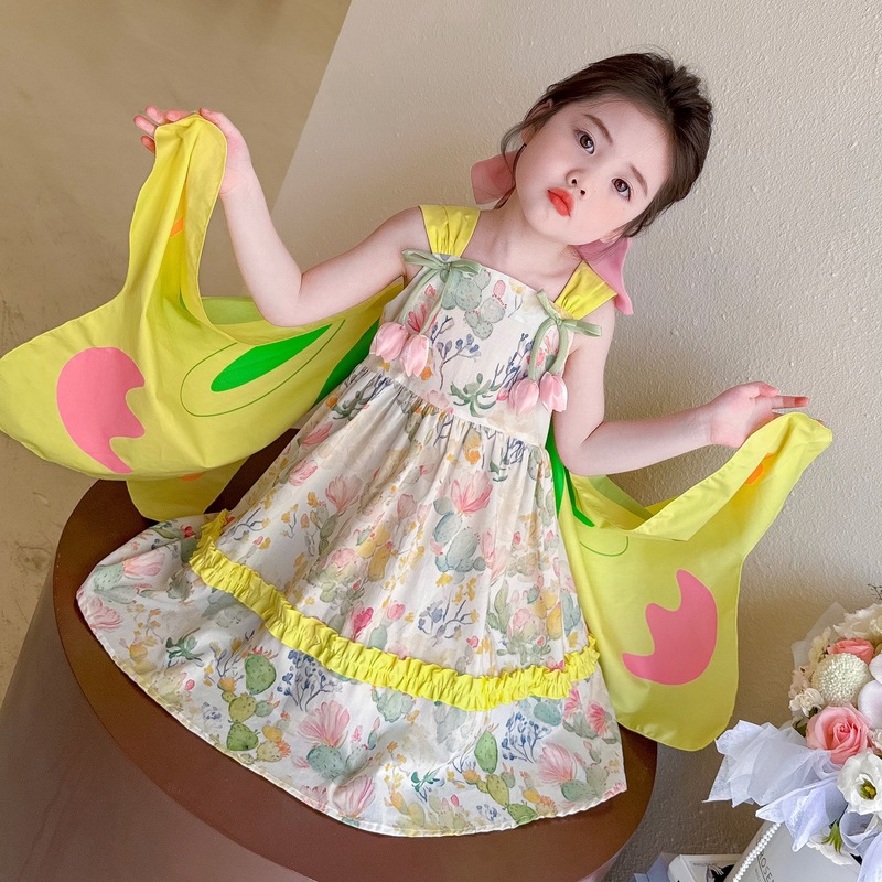 子供服女の子牧歌的なスタイルプリンセスベストドレス子供のファッショナブルな女の赤ちゃんサスペンダースカート蝶の羽のドレス|undefined