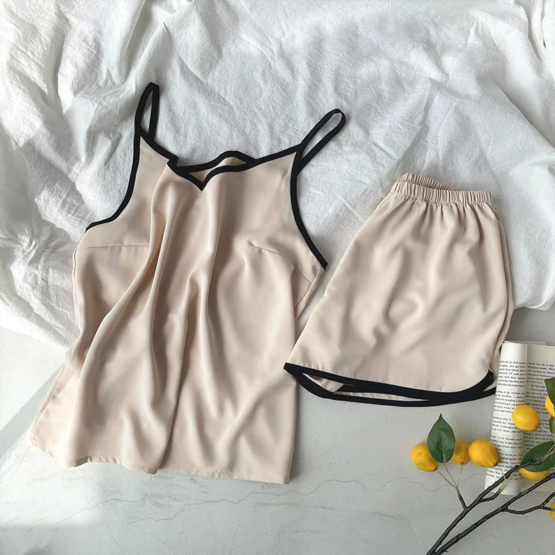 Летний пижамный комплект для женщин,camisole с V-воротом и шортами, подкладка чашек, свободный комфортный крой