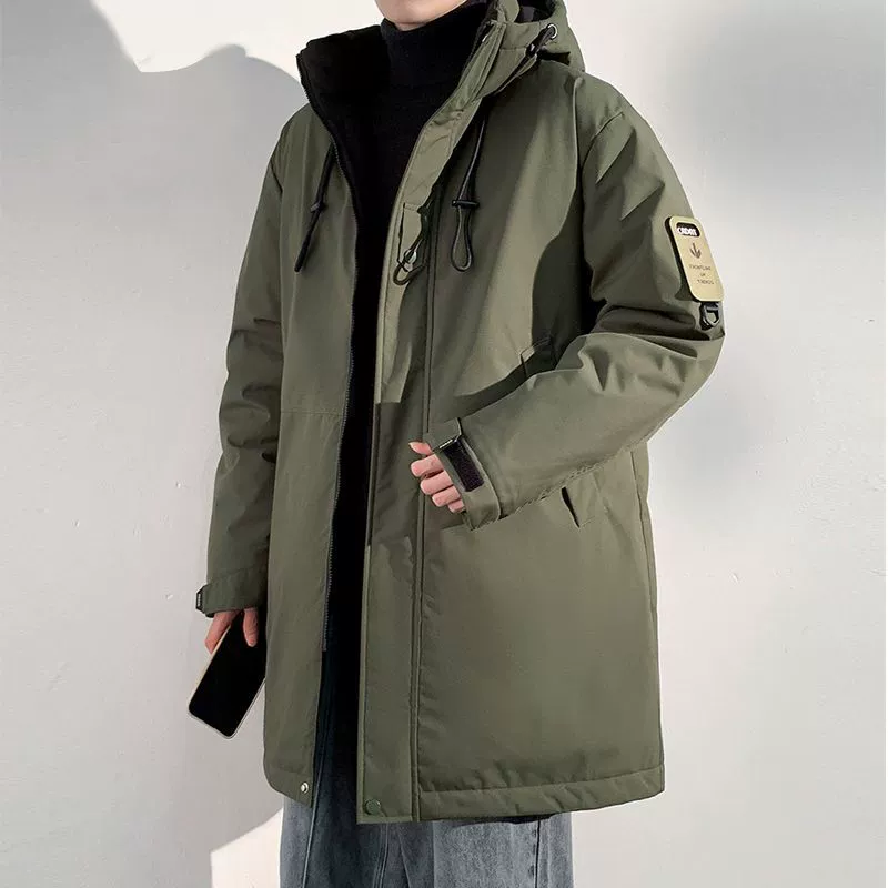 Long winter warm hoody, coat, down jacket with down, mid-length