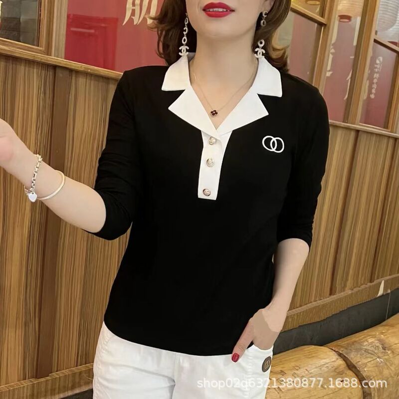 100% Quality Polo Shirt Long-Sleeved T-Shirt Women's Autum Lapel New Bottoming Shirt with Collar Mom Loose Top