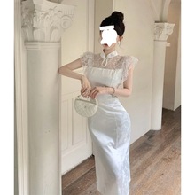 韩国chic新中式改良旗袍飞飞袖蕾丝拼接收腰修身气质连衣裙女