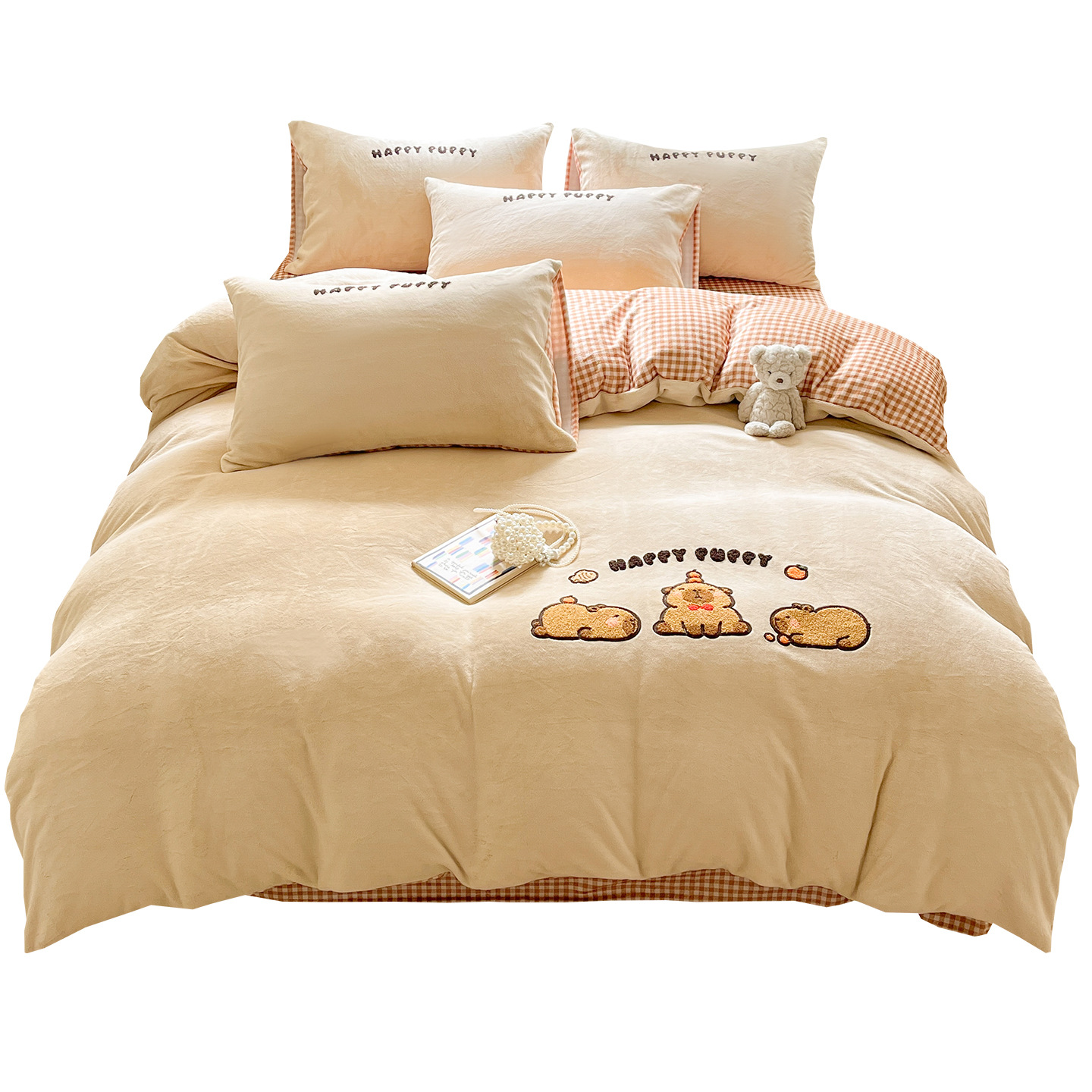 Toallas de dibujos animados bordadas de leche de seda cama de cuatro piezas doble edredón cubierta sábanas de dormitorio de estudiantes de tres piezas de ropa de cama