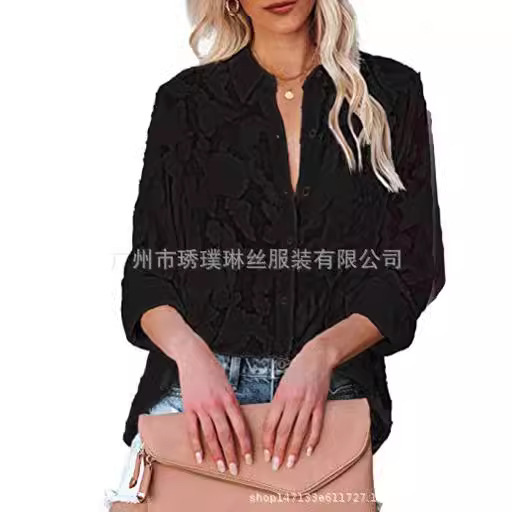 2024 Amazon European and American Foreign Trade Women's Summer Buttoned Chiffon Long-Sleeved Shirt Jacquard Lace Casual Top