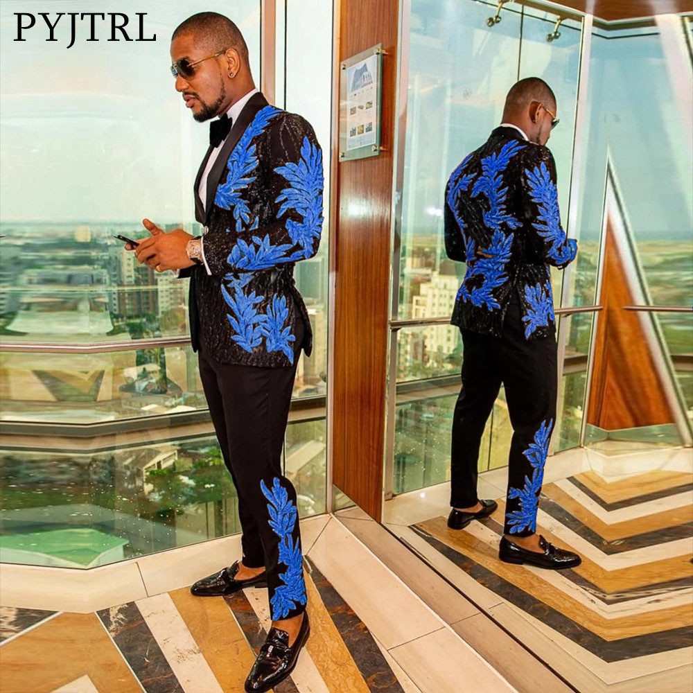 Men's Gold Sequined Appliqué Suit Set Casual High-Quality Two Piece Jacket And Trousers Skinny Board_viptrois.com