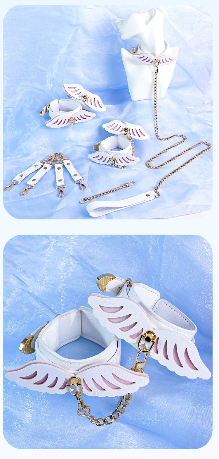SM Angel Wings Bondage Set with PU Leather Collar and Handcuffs in Black — detail image 30