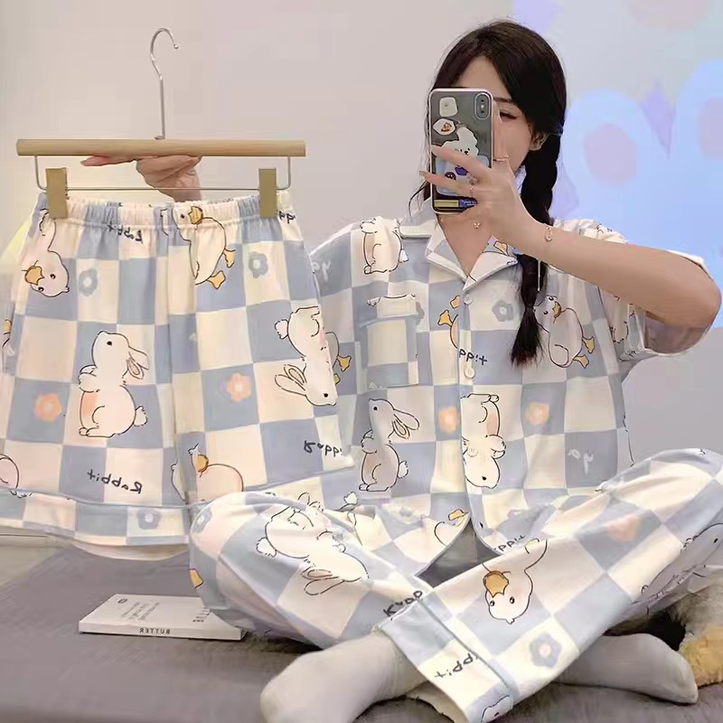 세 조각 카디건-파란색 격자 무늬 토끼