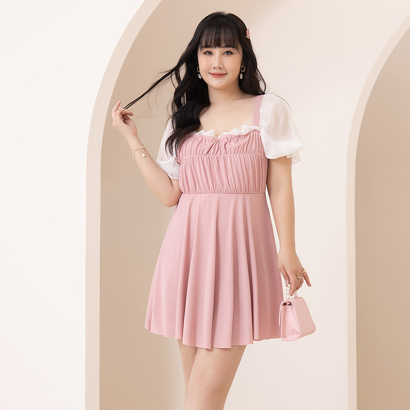 Verano Nuevo más tamaño traje de baño de las mujeres 200kg adelgazamiento carne que cubre estilo conservador vestido de una pieza traje de baño de aguas termales