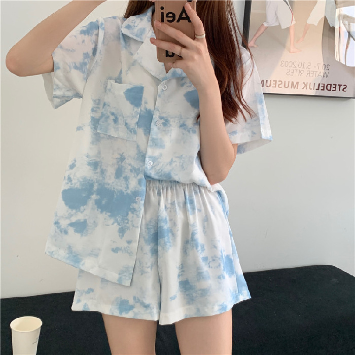 Pijamas de verano de las mujeres de manga corta linda chica Corazón de dibujos animados solapa desgaste del hogar WeChat transmisión en vivo en línea traje de entrega de una pieza