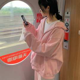 粉色卫衣女2021新款春秋薄款宽松学生韩版waitmore拉链外套ins潮