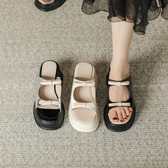法式配裙子黑色厚底涼鞋小個子百搭松糕鞋小眾涼拖鞋女款鞋夏外穿