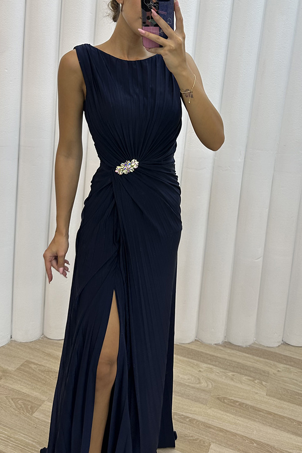Damenmode 2024 Neues gefaltetes, geteiltes, lässiges, ärmelloses Abendkleid für Damen_voghion.com
