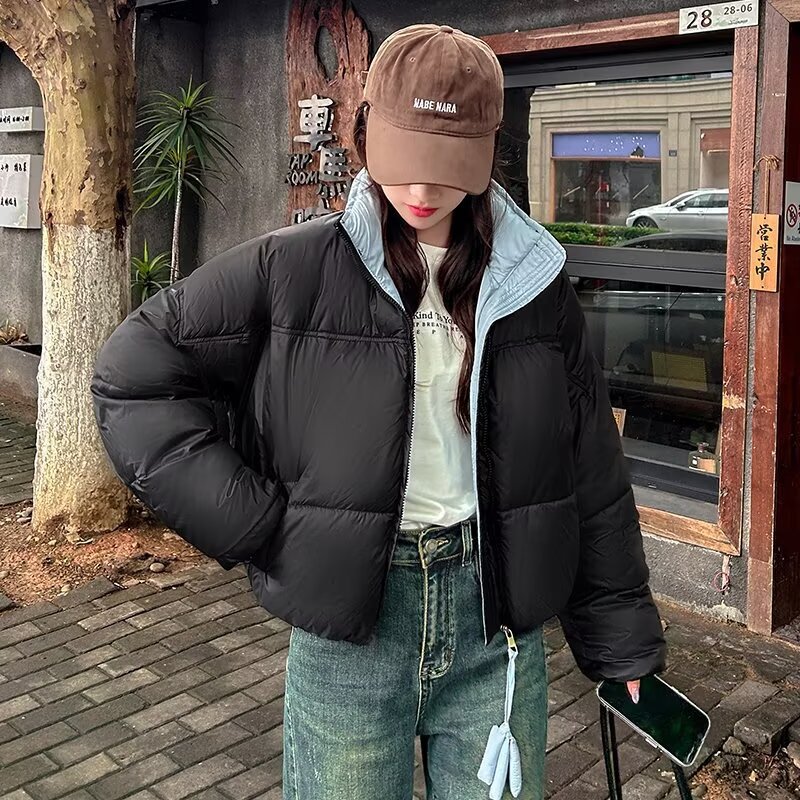 Cross-Border Winter New Black Short Cotton Jacket Women's Fluffy Contrasting Color Elegant Stand-Up Collar Bread Jacket Trendy Cotton Jacket Cross-Border Winter New Black Short Cotton Jacket Women's Fluffy Contrasting Color Elegant Stand-Up Collar Bread Jacket Trendy Cotton Jacket