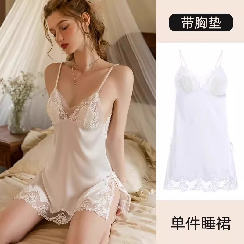 2025 nuevo sexy vestido de alta sensación vestido de pijama de seda de hielo vestido de encaje de corbata V vestido de pijama cojín de pecho