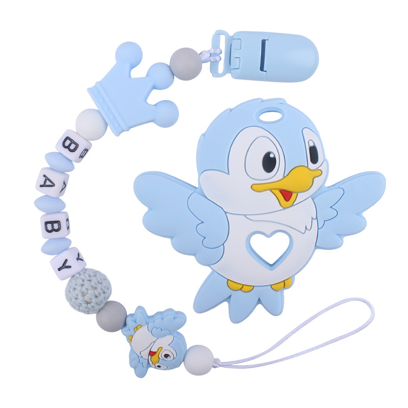 Nuevos suministros para bebés de dibujos animados animal pájaro mordedor calmante bebé chupete de silicona cadena teether traje de juguete