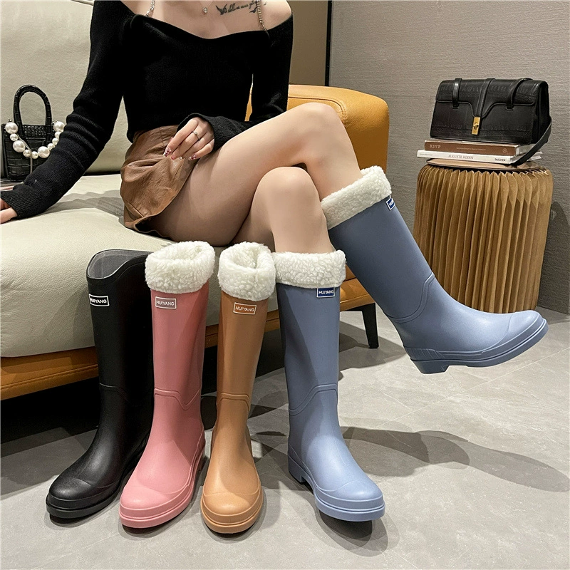 Трансграничные модные новые непромокаемые сапоги с высокой посадкой, женские теплые Нескользящие водные туфли для взрослых на флисовой подкладке, длинные сапоги с высоким берцем, холодные резиновые сапоги