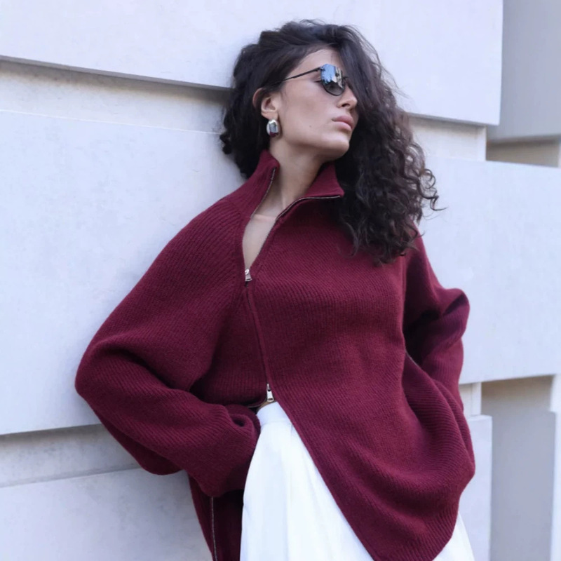 European and American cross-border Russian knitted cardigan, autumn and winter bestseller, casual side-zip loose stand-up collar women's sweater coat