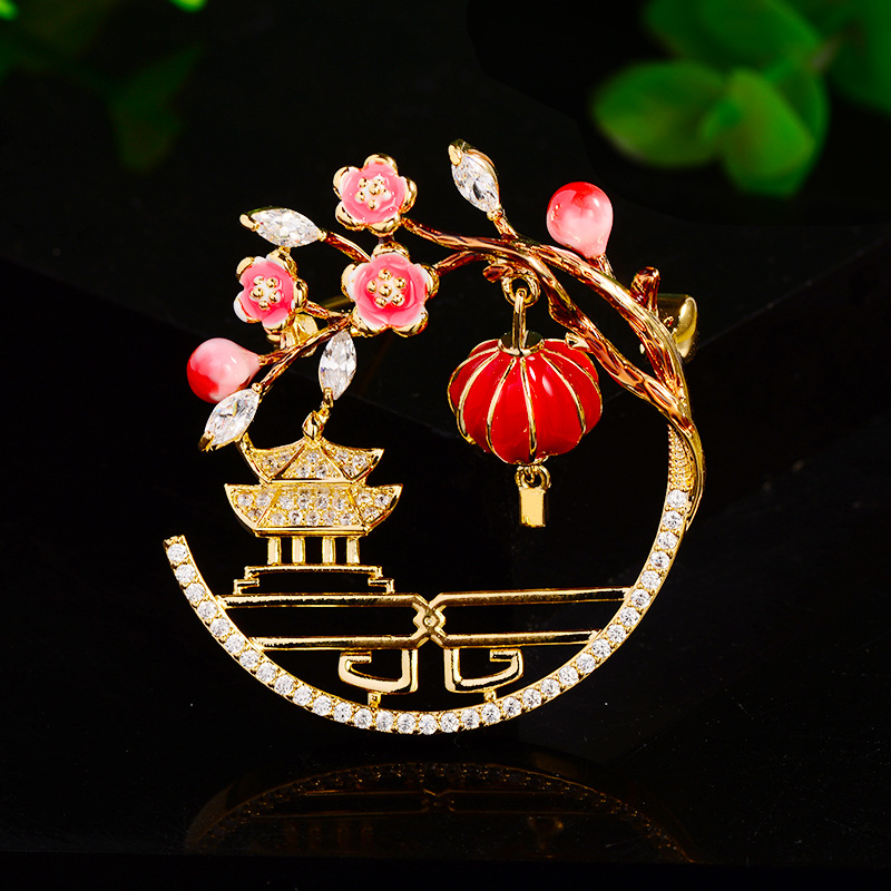Antique Lantern Full Attic Exquisite Brooch Women's High-end Enamel Zirconium-inlaid Hanfu Accessories Vintage Creative Corsage Pin
