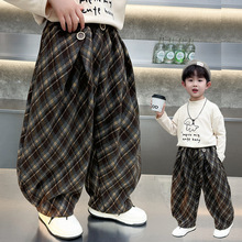 男童秋冬加绒裤子2025新款儿童酷帅韩版格子裤冬装男孩长裤弯刀裤